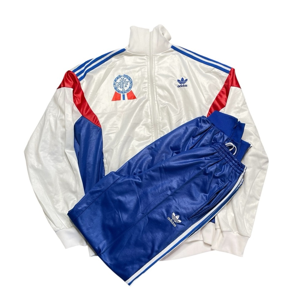 VINTAGE Adidas White and Royal Blue Tracksuit with Red Accents Size 186 / 6'1"